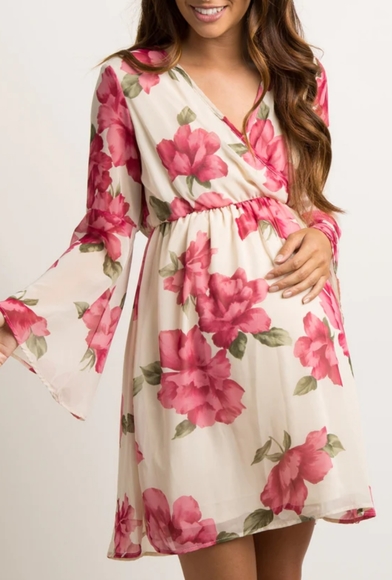 Pinkblush Ivory Floral Chiffon Wrap Maternity Dress - Picture 3 of 7